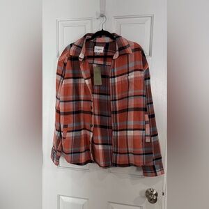 Goodfellow &Co Rust Plaid Button-Front Shacket with Cream and Light Blue Accents